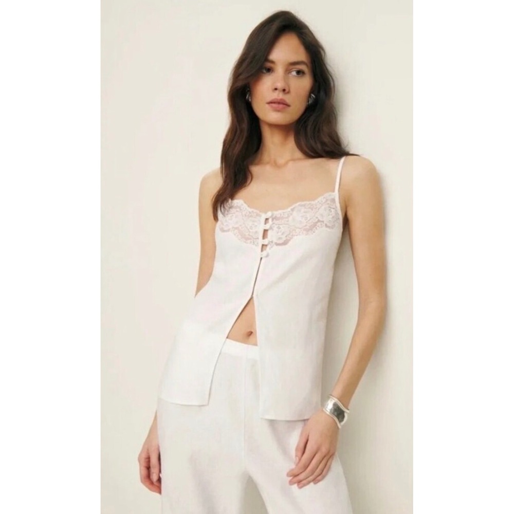 Reformation Tess Womens White 100% Linen Lace Trim Split Front Cami Top Size 12